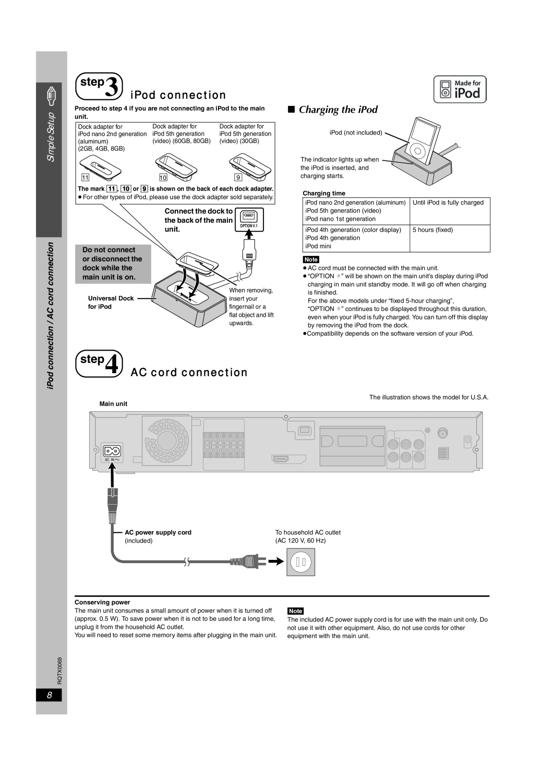 Panasonic SC-PT650 operating instructions iPod connection, AC cord connection, Charging the iPod, unit, Simple Setup 
