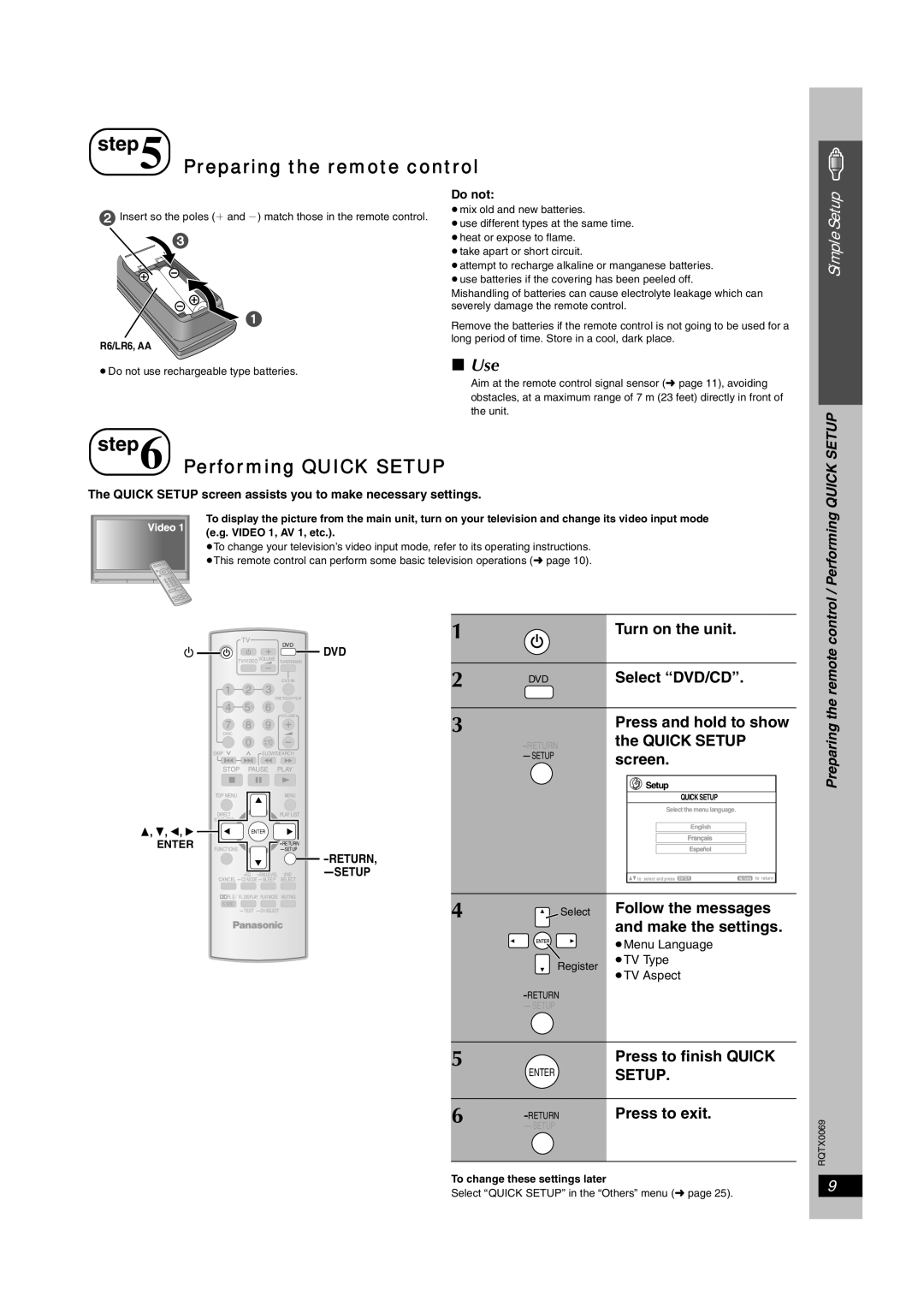 Panasonic SC-PT650 operating instructions Preparing the remote control, Performing QUICK SETUP, Use, Simple Setup 