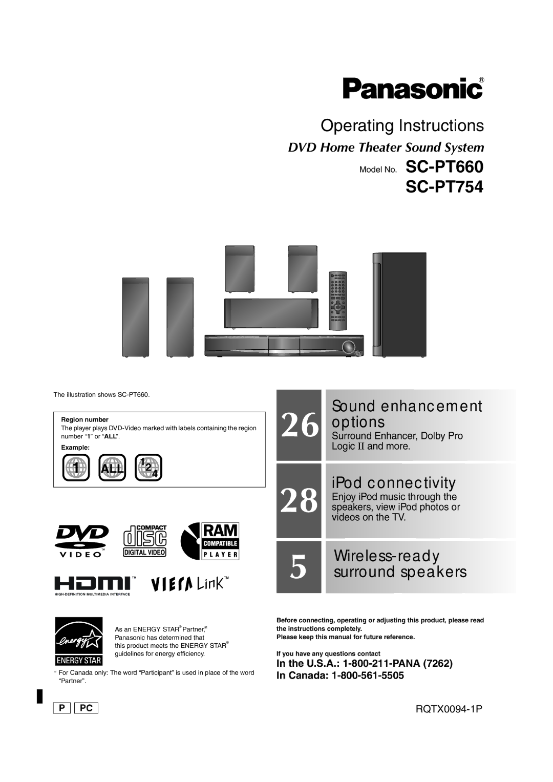 Panasonic SC-PT754 manual Illustration shows SC-PT660, Region number, Example 