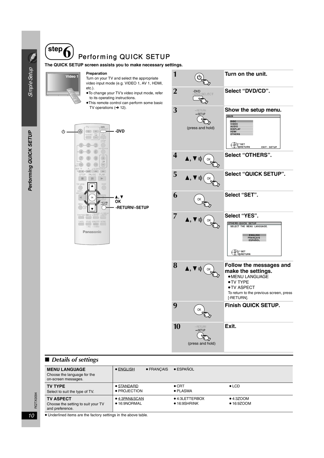 Panasonic SC-PT660, SC-PT754 manual Performing Quick Setup, TV Type, TV Aspect 