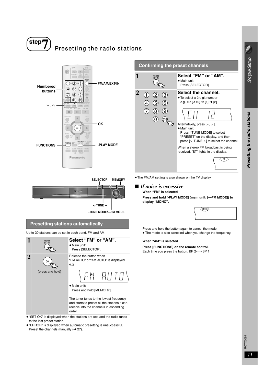 Panasonic SC-PT754, SC-PT660 If noise is excessive, Confirming the preset channels, Select FM or AM, Select the channel 