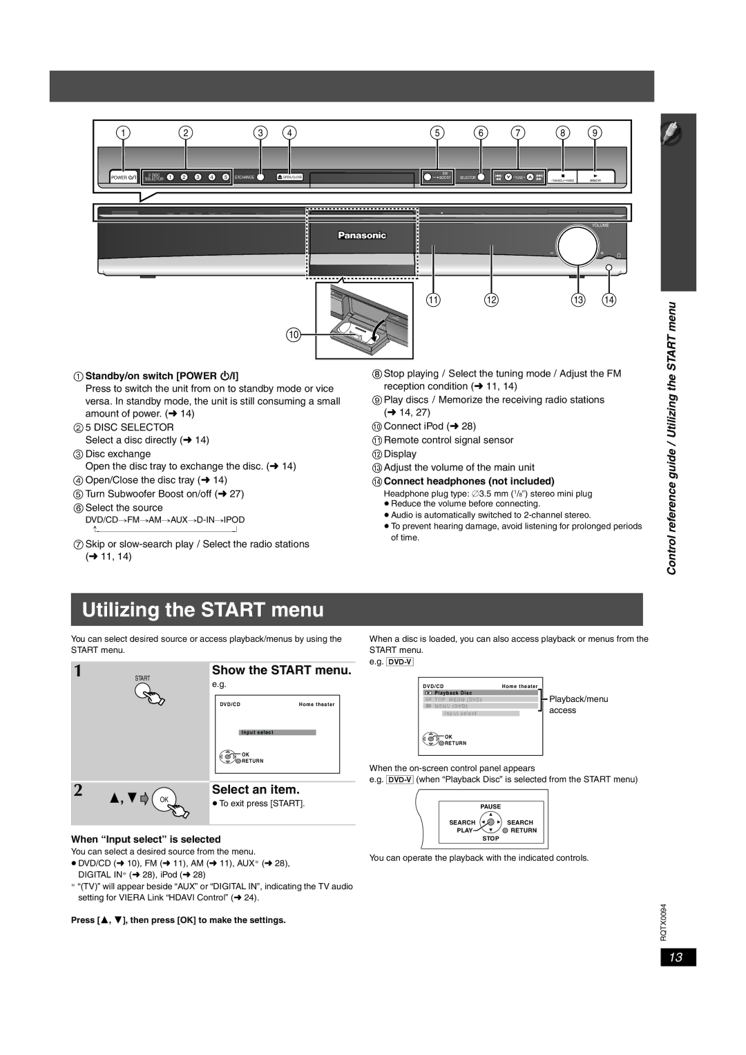 Panasonic SC-PT754, SC-PT660 Select an item, Control reference guide / Utilizing the Start menu, Show the Start menu 