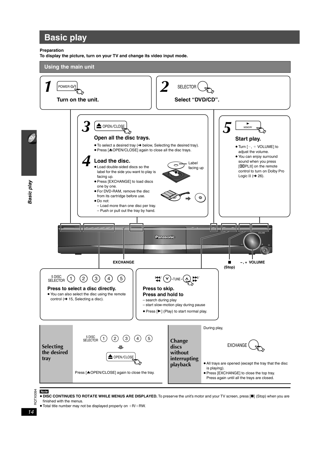 Panasonic SC-PT660 Basic play, Using the main unit, Turn on the unit Select DVD/CD, Open all the disc trays Start play 