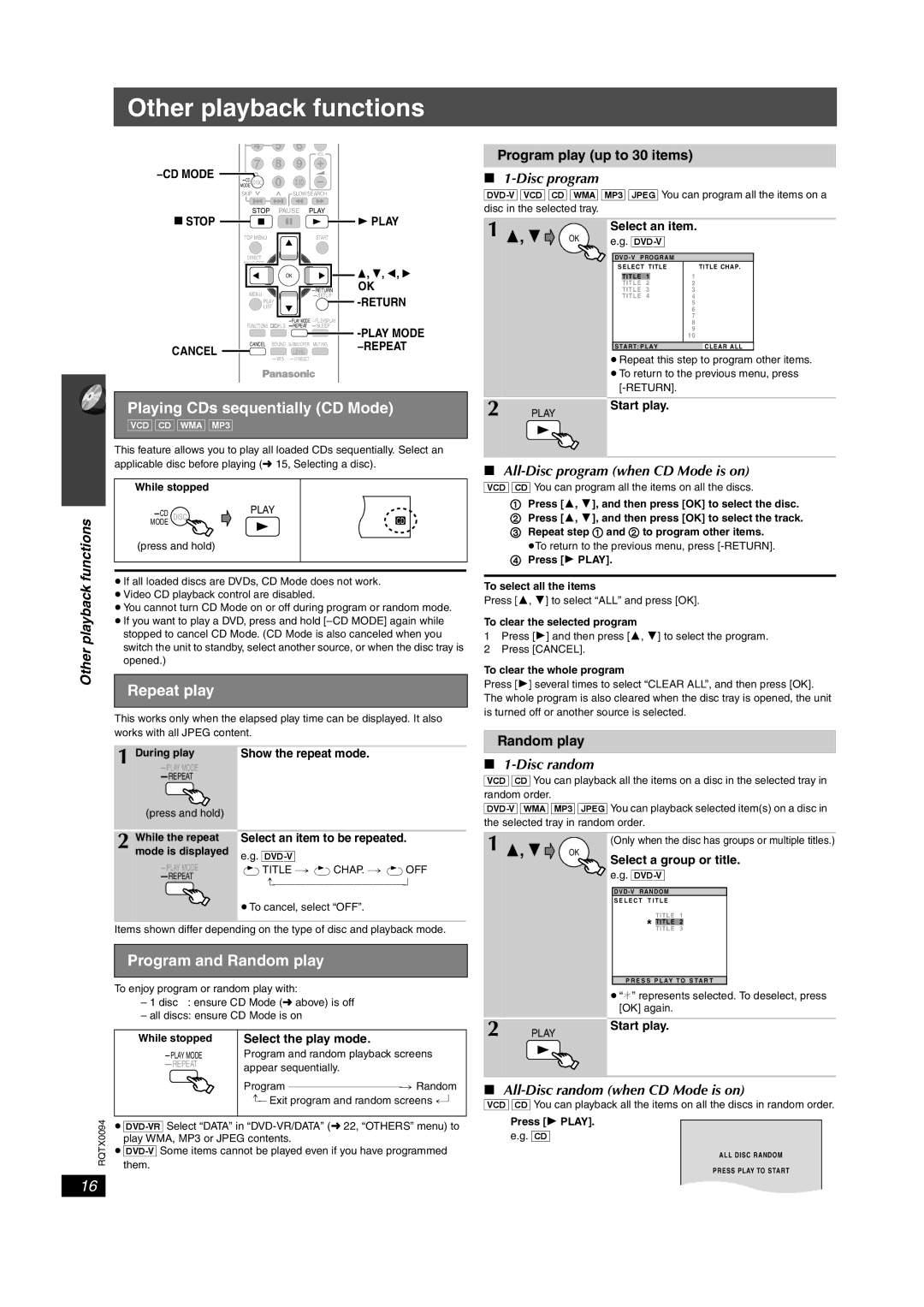 Panasonic SC-PT660 manual Other playback functions, Playing CDs sequentially CD Mode, Repeat play, Program and Random play 