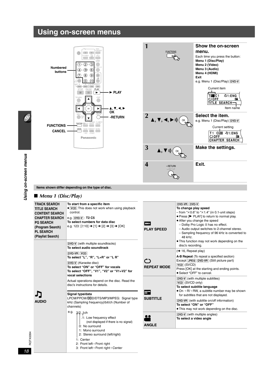 Panasonic SC-PT660, SC-PT754 manual Using on-screen menus, Menu 1 Disc/Play, Show the on-screen menu, Select the item 