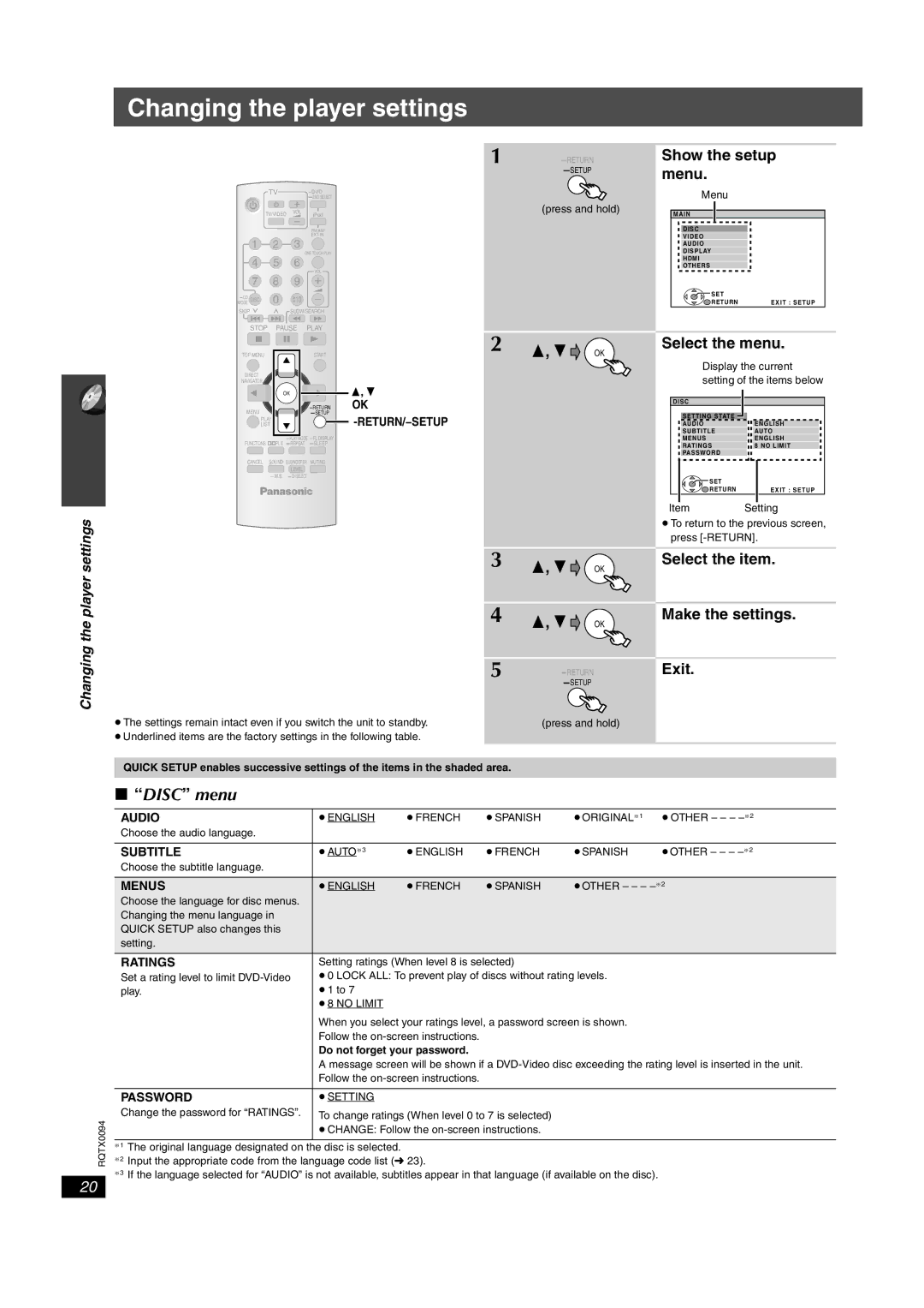 Panasonic SC-PT660, SC-PT754 manual Changing the player settings, Disc menu, Show the setup menu, Select the menu 