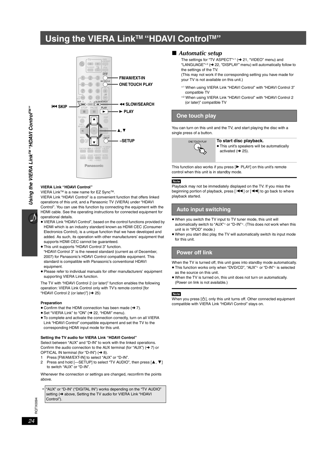 Panasonic SC-PT660, SC-PT754 Using the Viera LinkTM Hdavi ControlTM, Automatic setup, One touch play, Auto input switching 