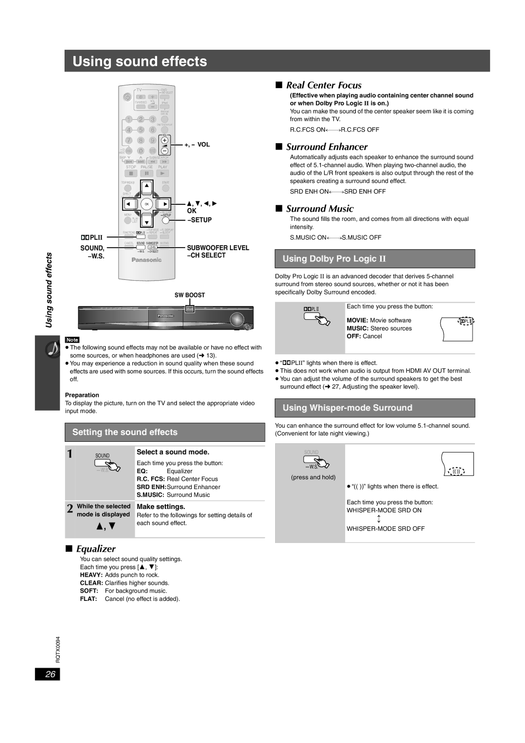 Panasonic SC-PT660, SC-PT754 manual Using sound effects, Real Center Focus, Surround Enhancer, Surround Music, Equalizer 