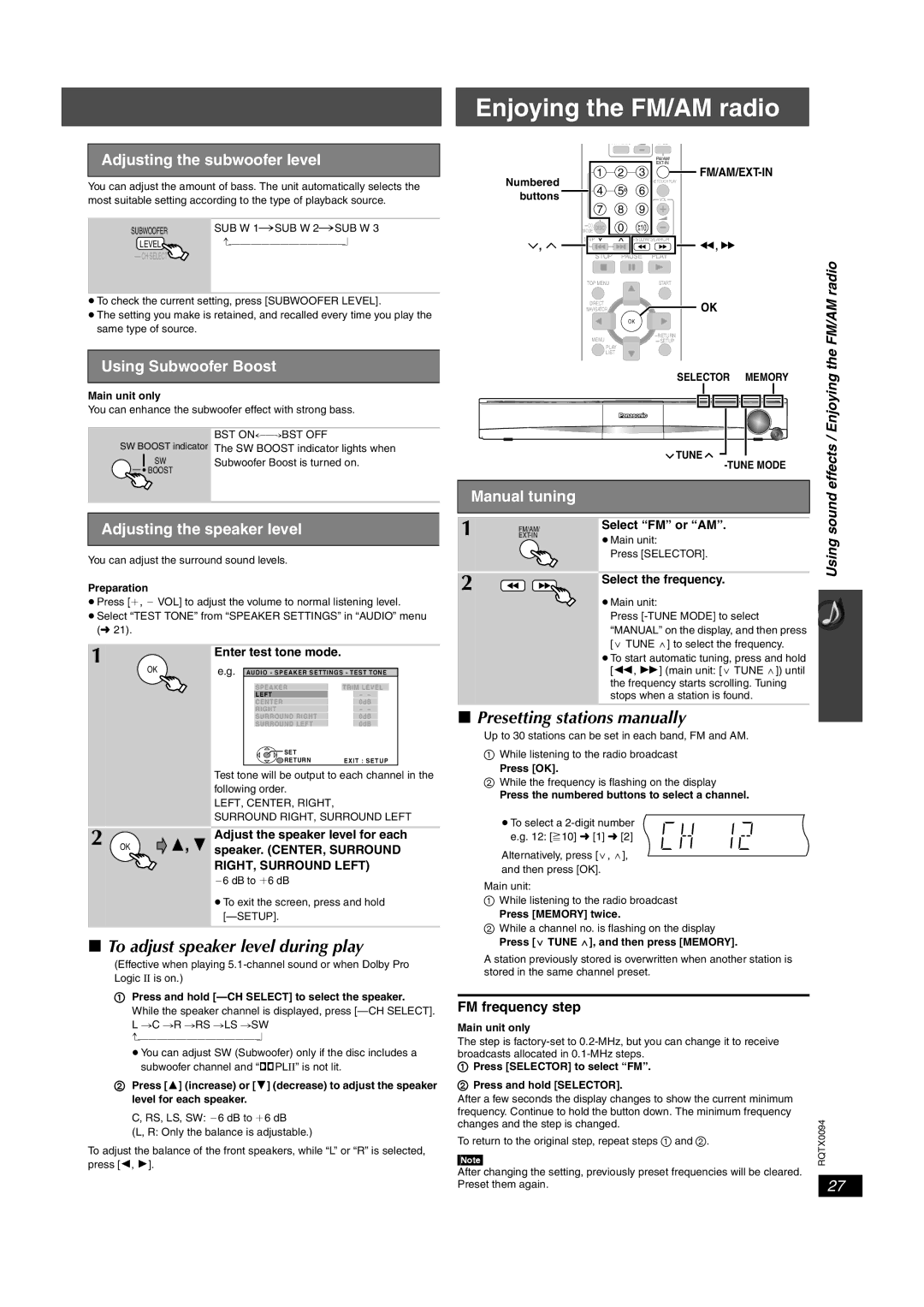 Panasonic SC-PT754, SC-PT660 Enjoying the FM/AM radio, To adjust speaker level during play, Presetting stations manually 