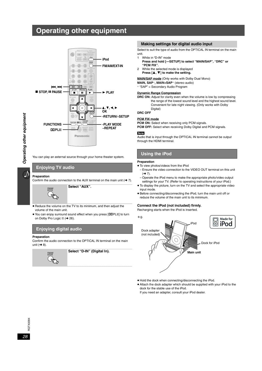 Panasonic SC-PT660, SC-PT754 manual Operating other equipment, Enjoying TV audio, Using the iPod, Enjoying digital audio 