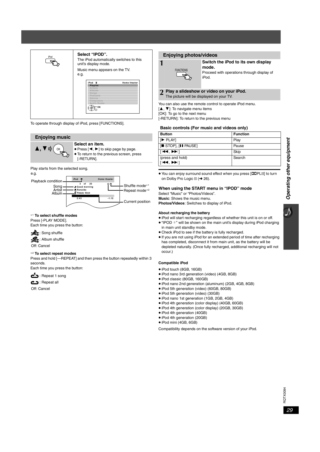 Panasonic SC-PT754, SC-PT660 manual Enjoying music, Enjoying photos/videos, Other 