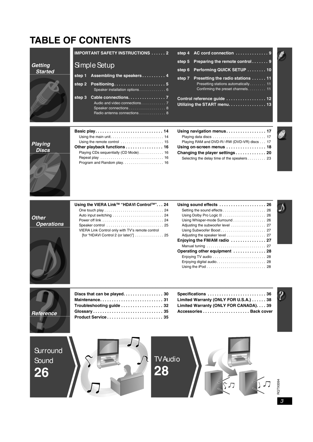 Panasonic SC-PT754, SC-PT660 manual Table of Contents 