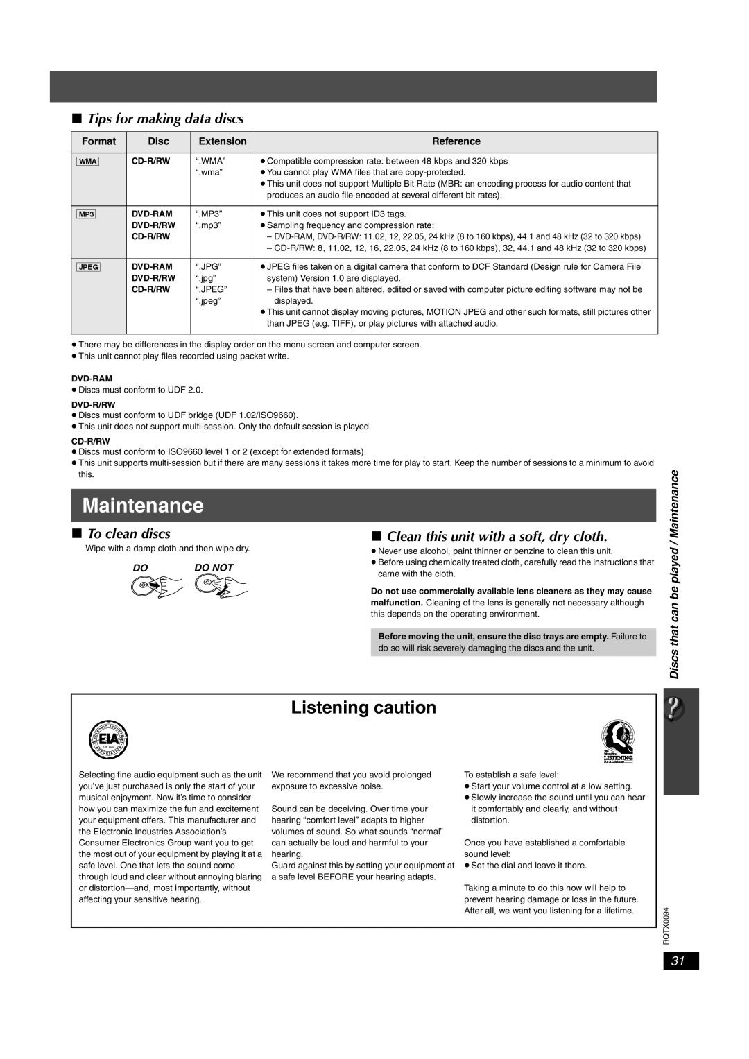 Panasonic SC-PT754 manual Maintenance, Tips for making data discs, To clean discs, Clean this unit with a soft, dry cloth 