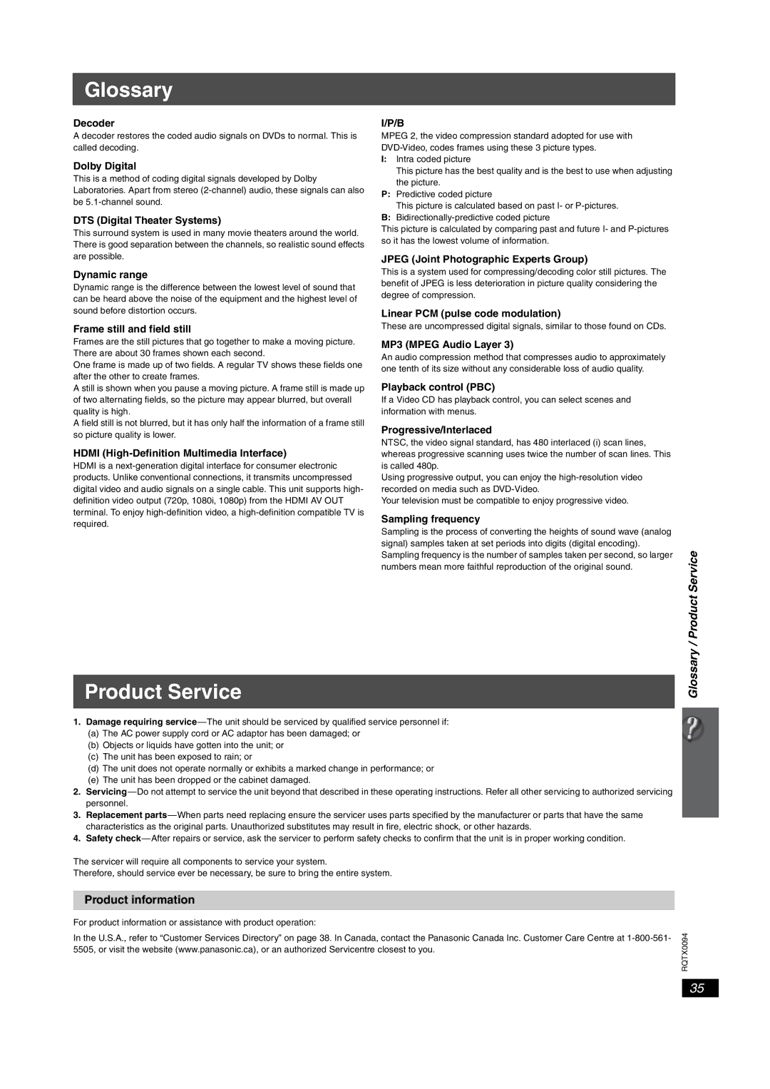 Panasonic SC-PT754, SC-PT660 manual Product Service, Product Glossary, Product information 