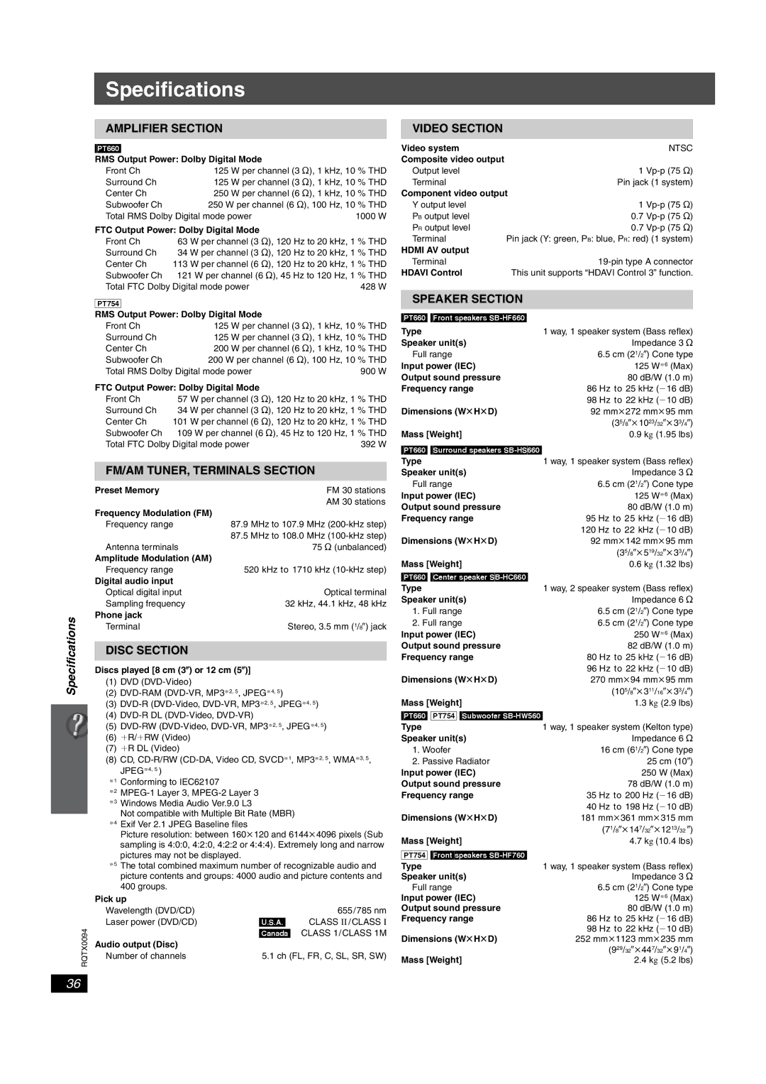 Panasonic SC-PT660, SC-PT754 manual Specifications 