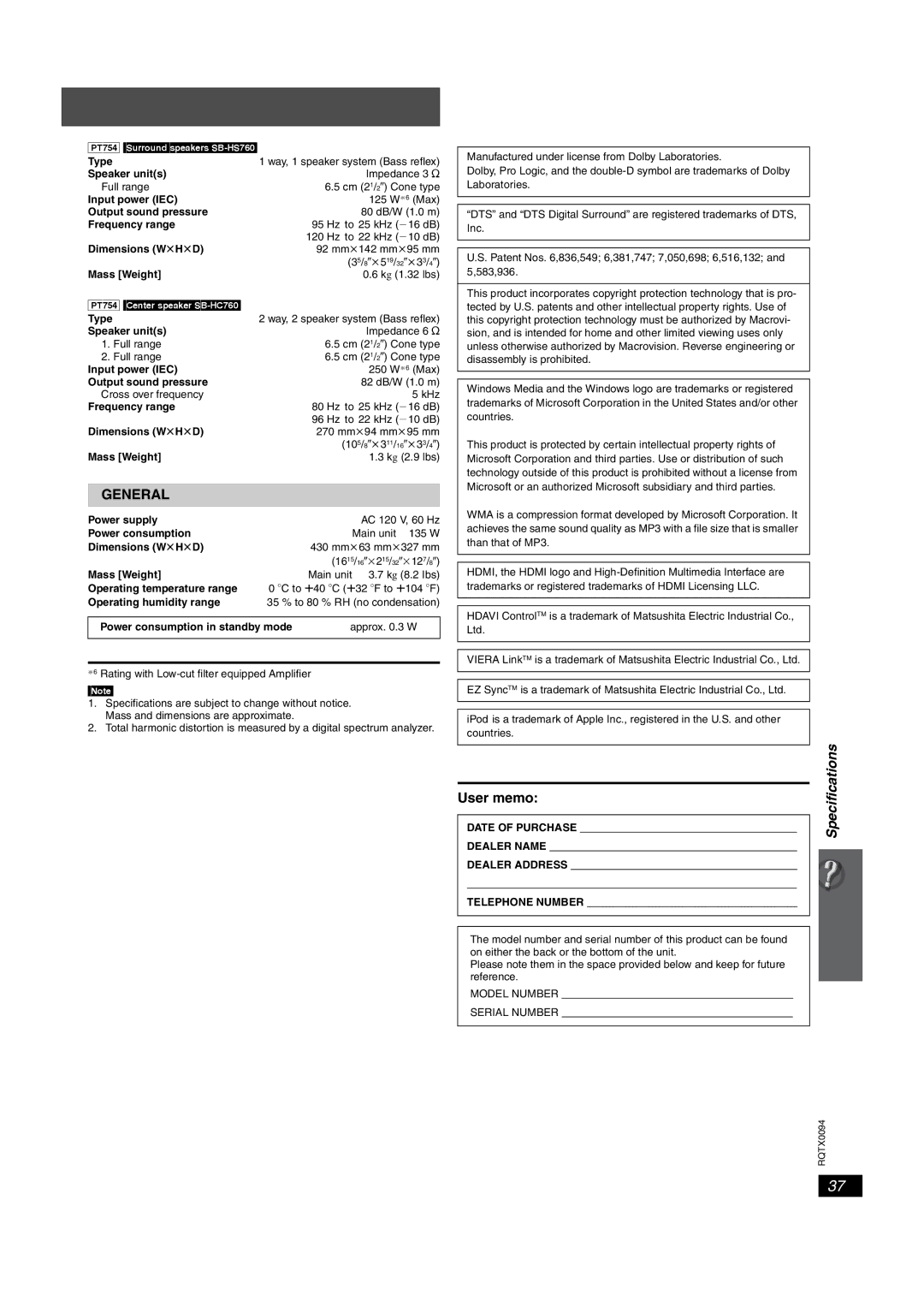 Panasonic SC-PT754, SC-PT660 manual User memo, Specifications 