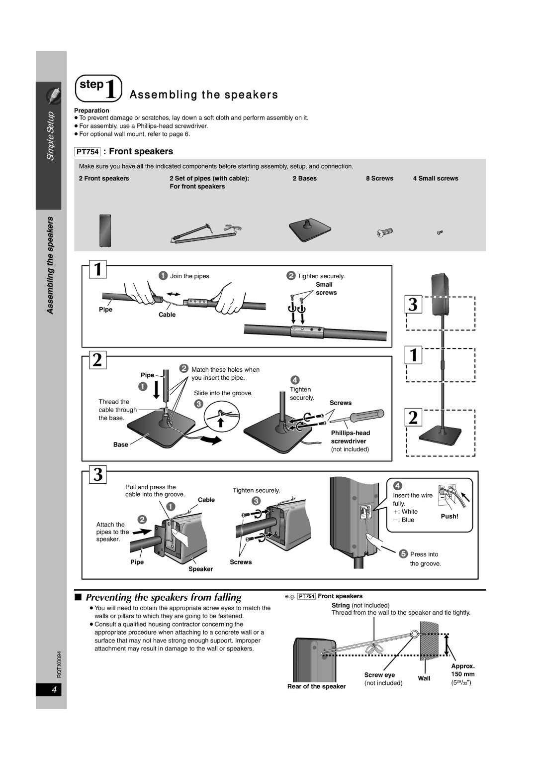 Panasonic SC-PT660, SC-PT754 manual Preventing the speakers from falling, PT754 Front speakers, Assembling the speakers 