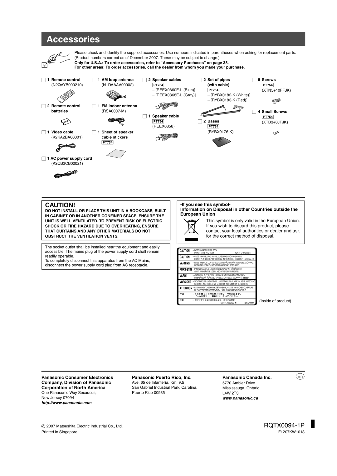 Panasonic SC-PT660, SC-PT754 manual Accessories, Corporation of North America 