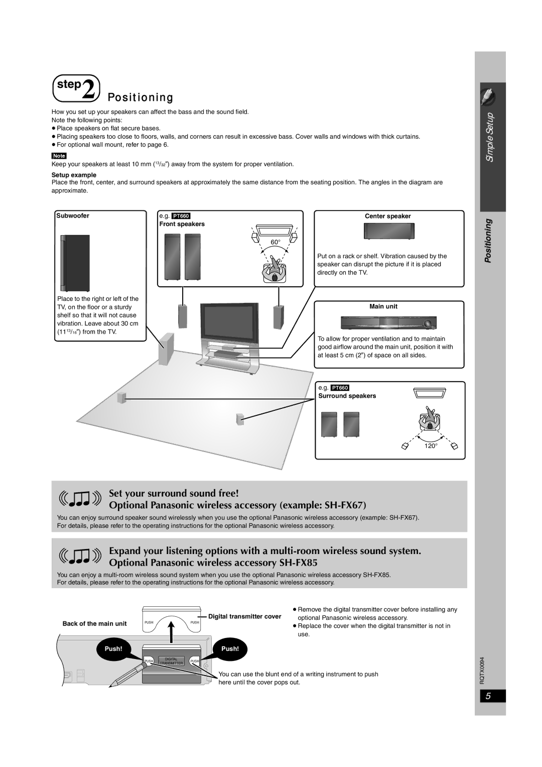 Panasonic SC-PT754, SC-PT660 manual Positioning, Setup example, Front speakers Center speaker, Back of the main unit 