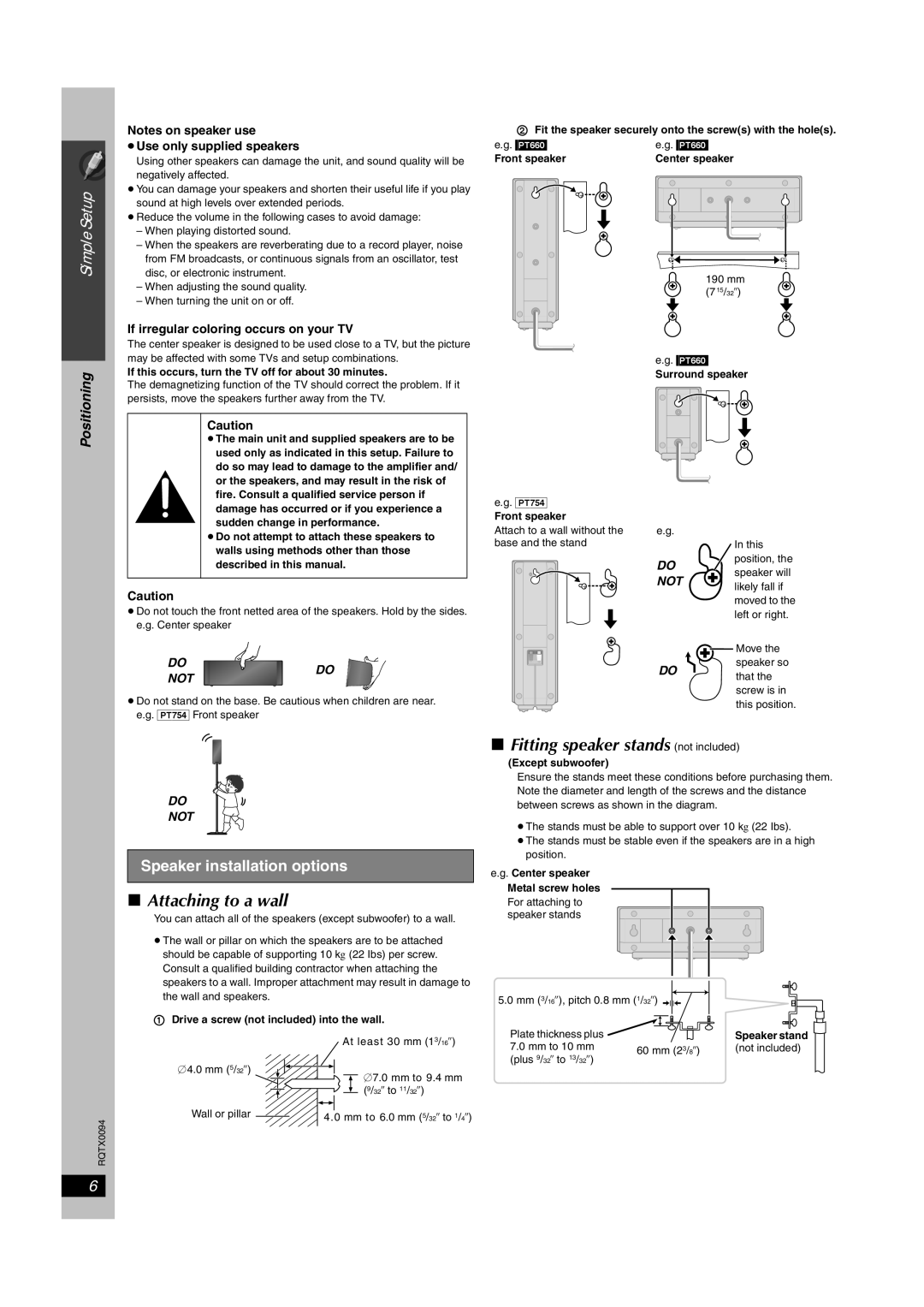 Panasonic SC-PT660, SC-PT754 manual Attaching to a wall, Fitting speaker stands not included, Speaker installation options 