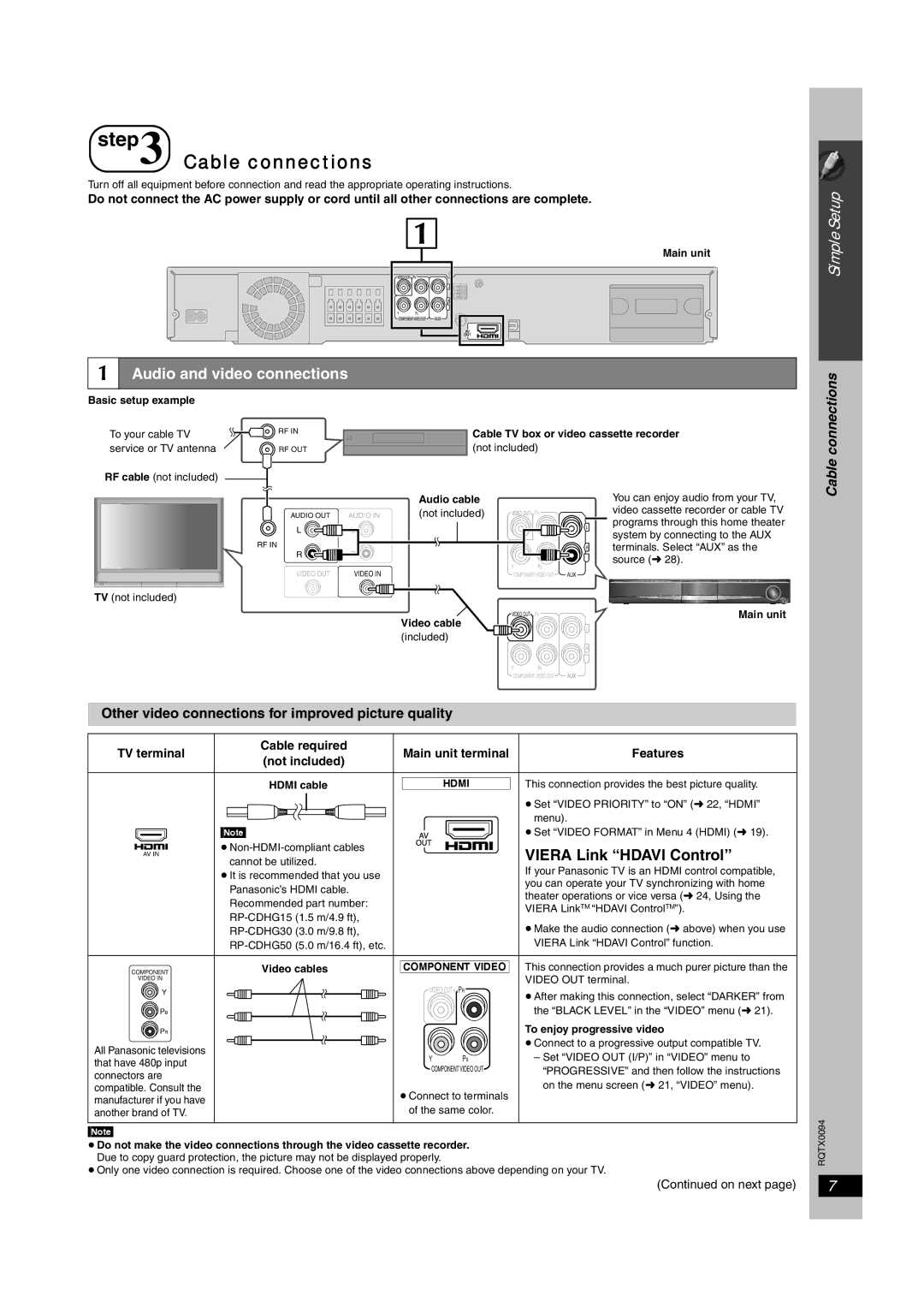 Panasonic SC-PT754, SC-PT660 manual Audio and video connections, Viera Link Hdavi Control, Cable connections, Features 