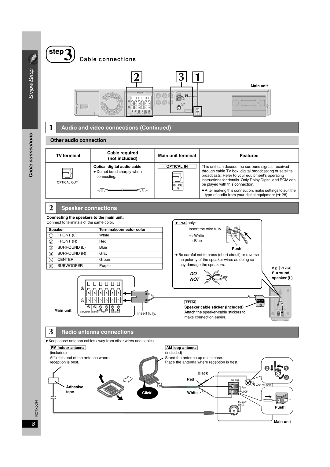 Panasonic SC-PT660, SC-PT754 manual Speaker connections, Radio antenna connections, Other audio connection 