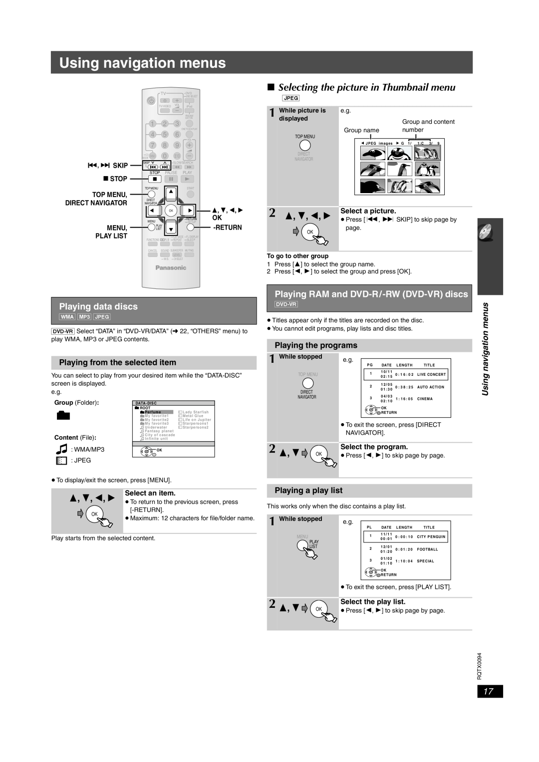 Panasonic SC-PT754 manual Using navigation menus, Selecting the picture in Thumbnail menu, Playing data discs, WMA MP3 JPEG 