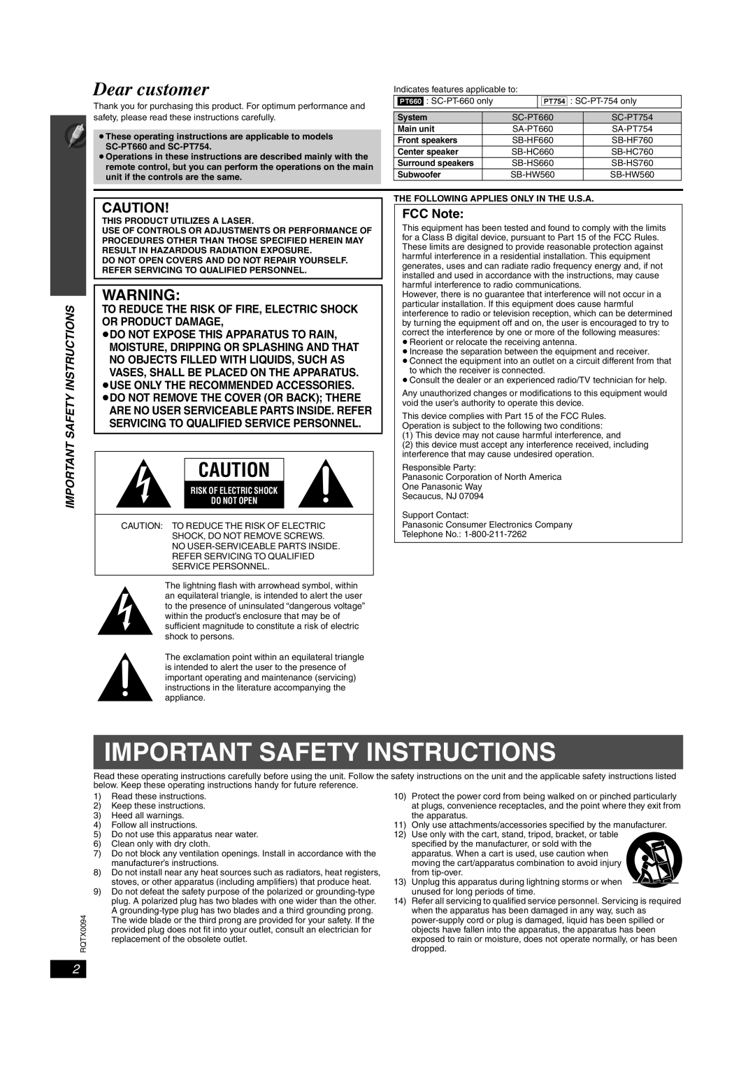 Panasonic SC-PT660, SC-PT754 manual Important Safety Instructions, FCC Note, ≥Do Not Expose This Apparatus To Rain 