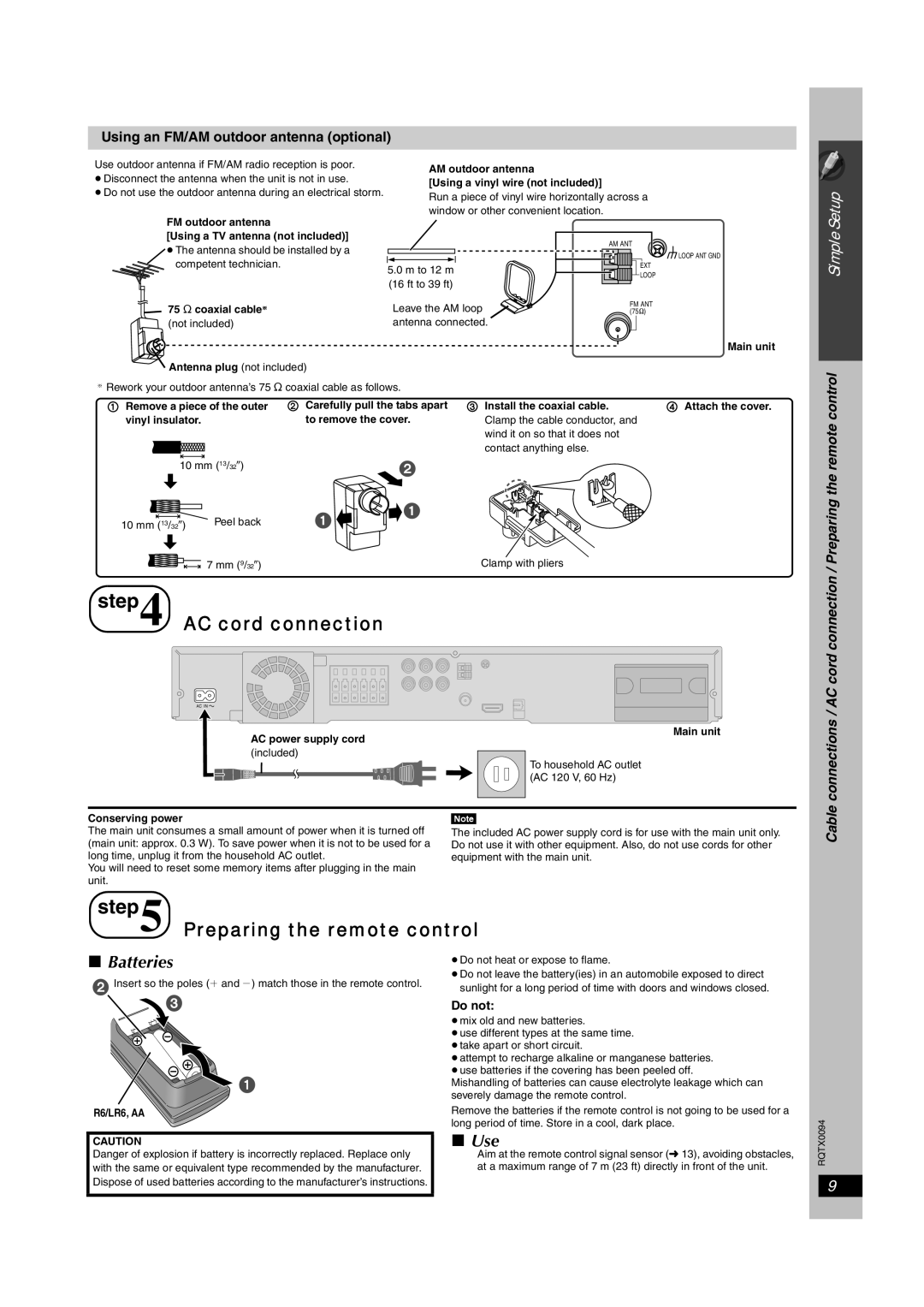 Panasonic SC-PT754, SC-PT660 manual AC cord connection, Preparing the remote control, Batteries, Use, Simple Setup 