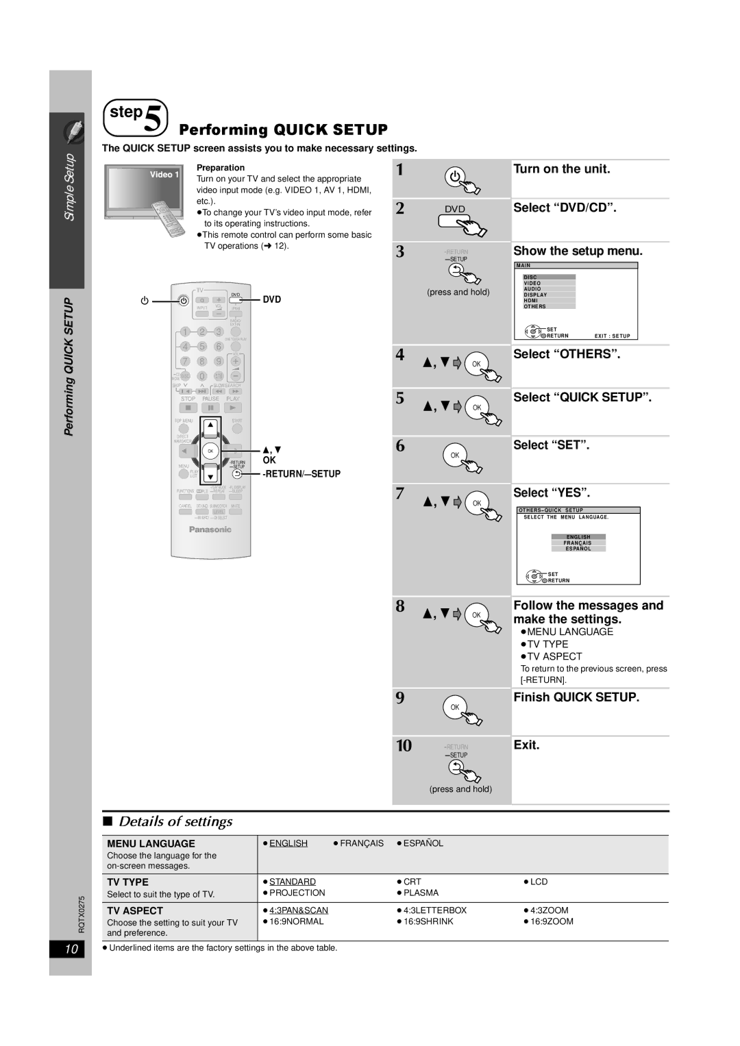 Panasonic SC-PT665 manual Performing Quick Setup, TV Type, TV Aspect 