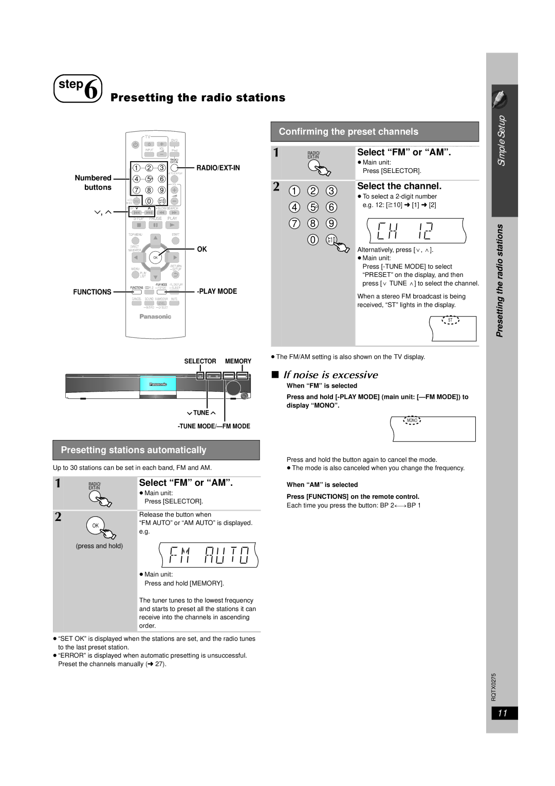 Panasonic SC-PT665 manual Presetting the radio stations, If noise is excessive, Confirming the preset channels 