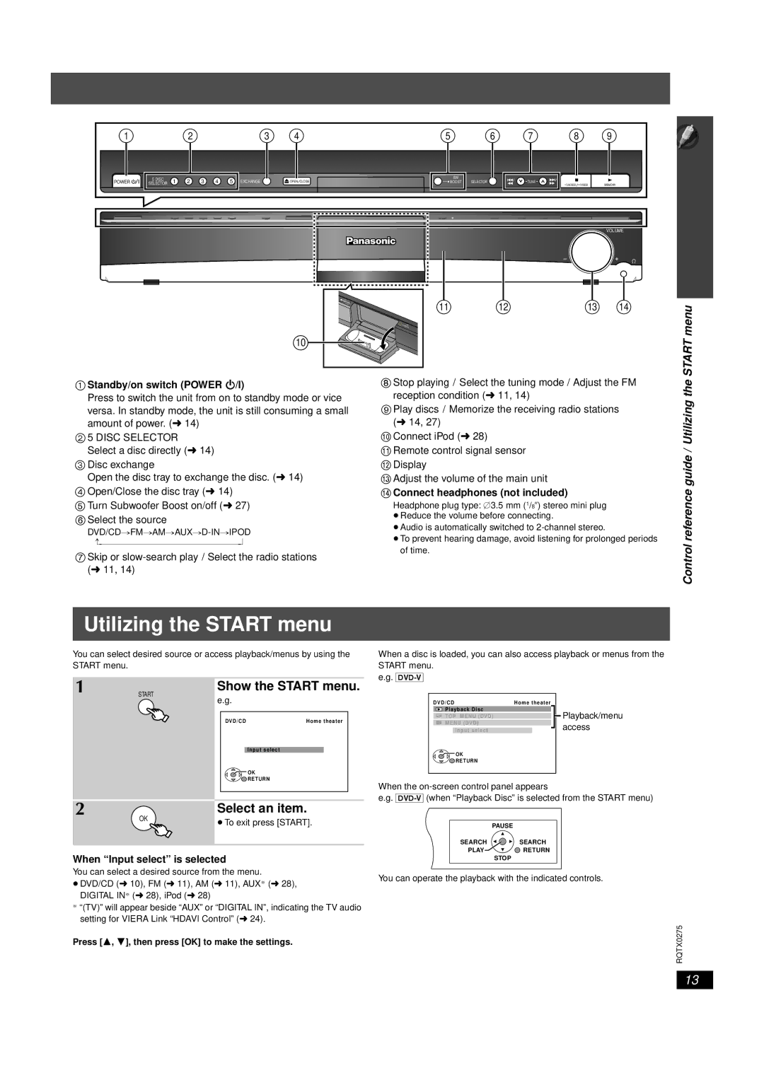 Panasonic SC-PT665 manual Select an item, Control reference guide / Utilizing the Start menu, Show the Start menu 