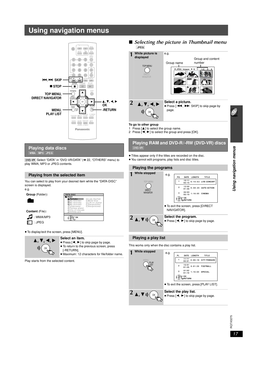 Panasonic SC-PT665 manual Using navigation menus, Selecting the picture in Thumbnail menu, Playing data discs 