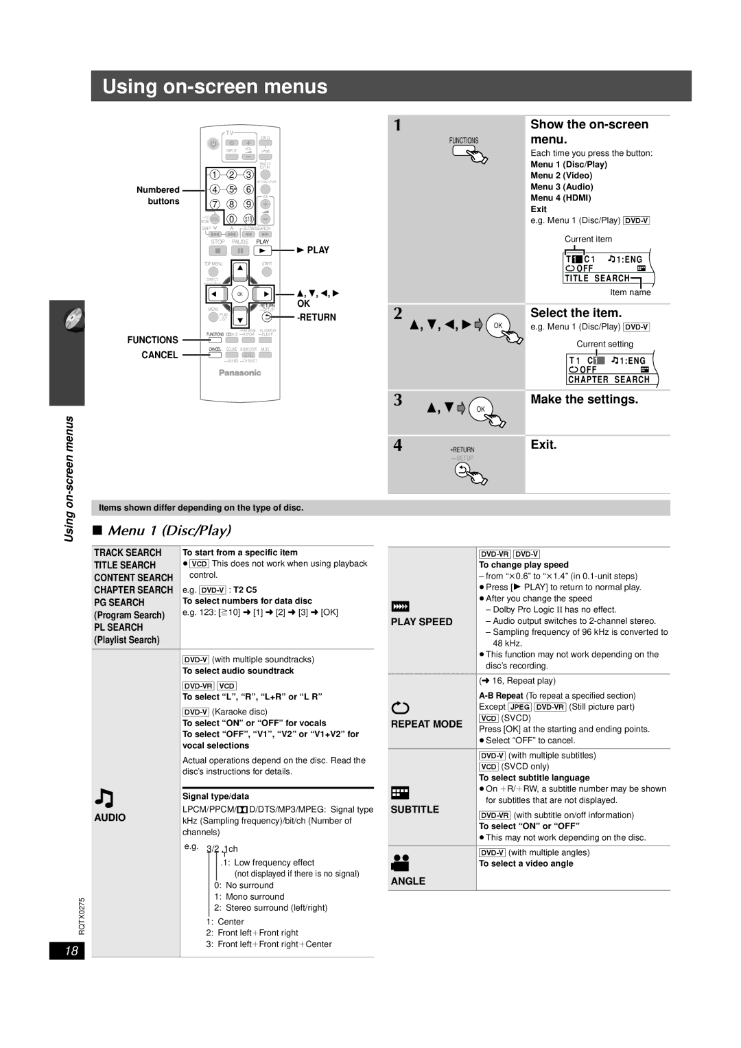 Panasonic SC-PT665 manual Using on-screen menus, Menu 1 Disc/Play, Show the on-screen menu, Select the item 