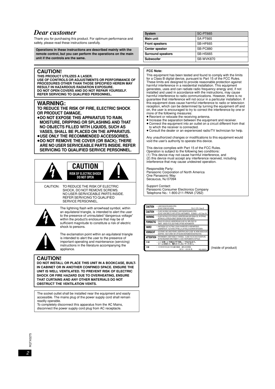 Panasonic SC-PT665 manual SB-WVK870, FCC Note 