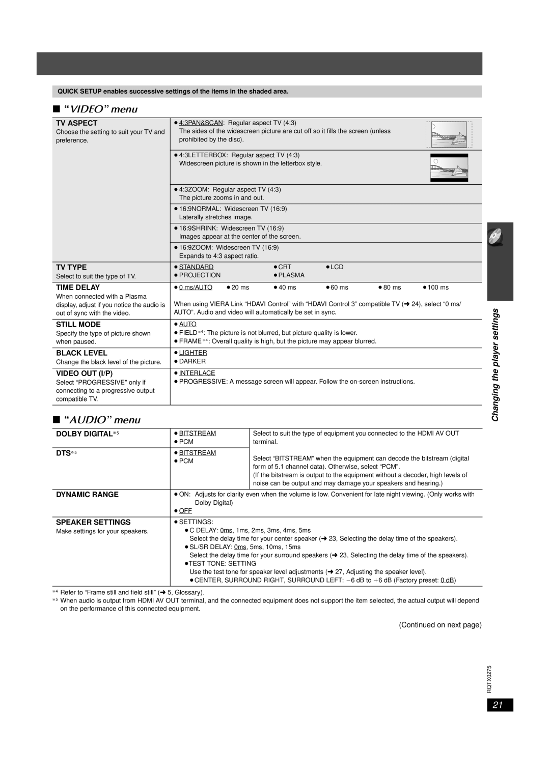 Panasonic SC-PT665 manual Video menu, Audio menu, Changing the player settings 