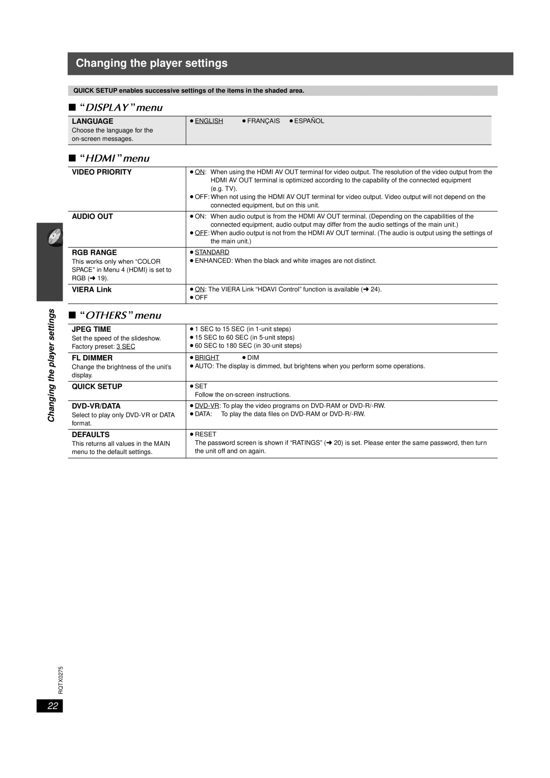 Panasonic SC-PT665 manual Display menu, Hdmi menu, Others menu 