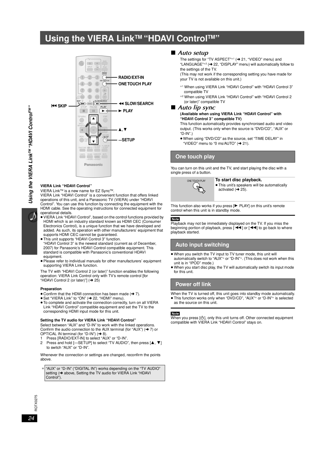 Panasonic SC-PT665 manual Using the Viera LinkTM Hdavi ControlTM, Auto setup, Auto lip sync 