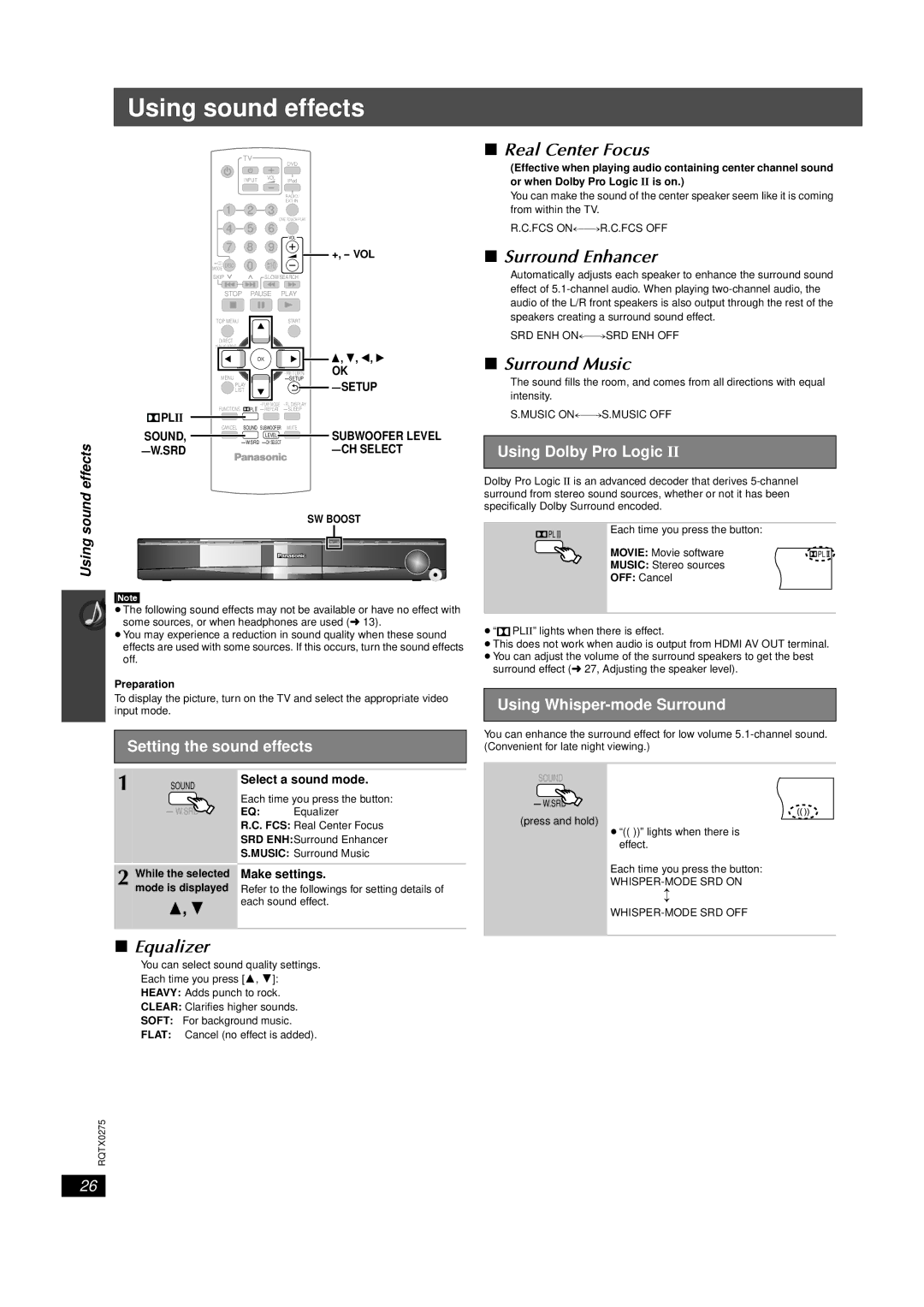 Panasonic SC-PT665 manual Using sound effects, Real Center Focus, Surround Enhancer, Surround Music, Equalizer 