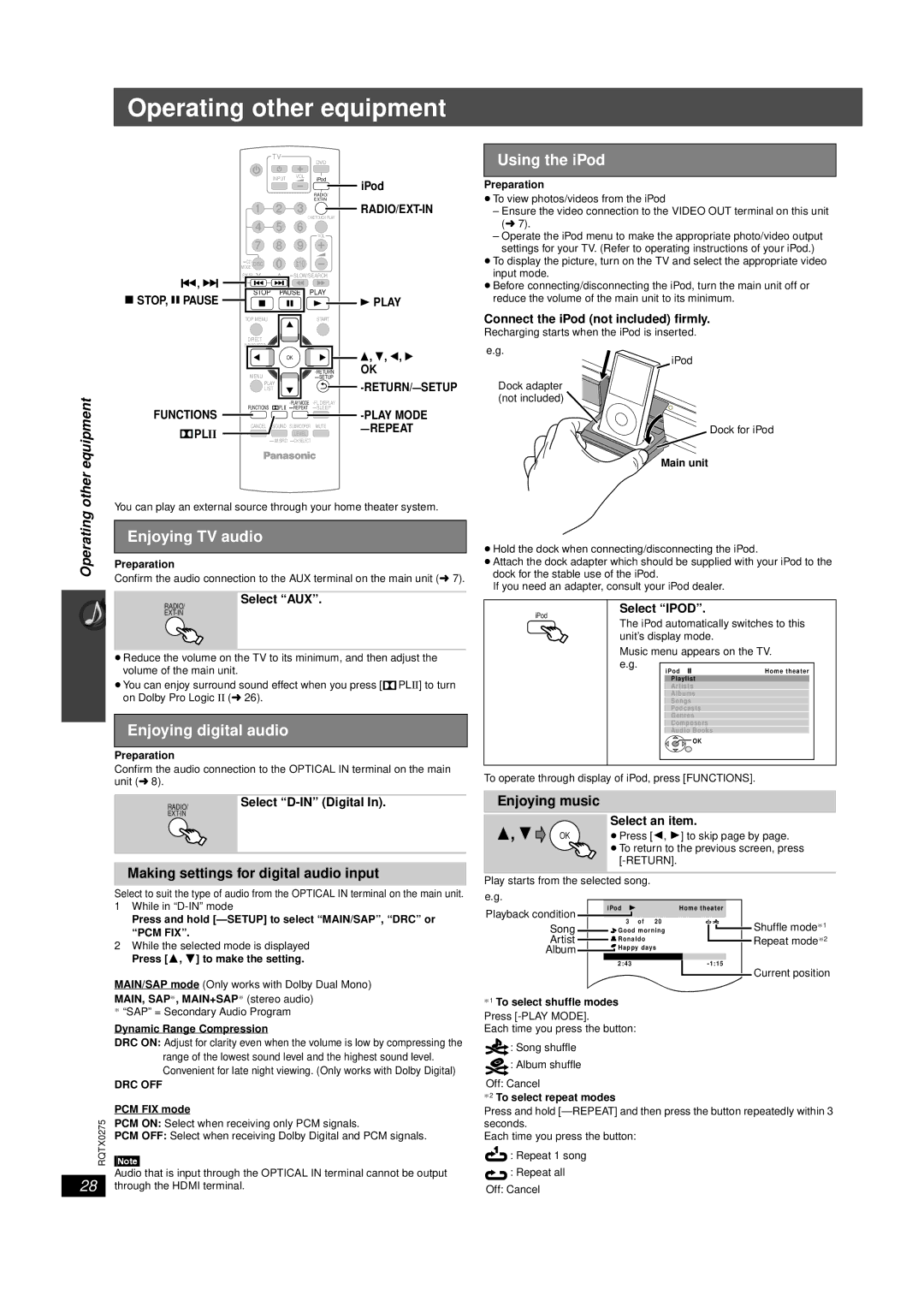 Panasonic SC-PT665 manual Operating other equipment, Using the iPod, Enjoying TV audio, Enjoying digital audio 