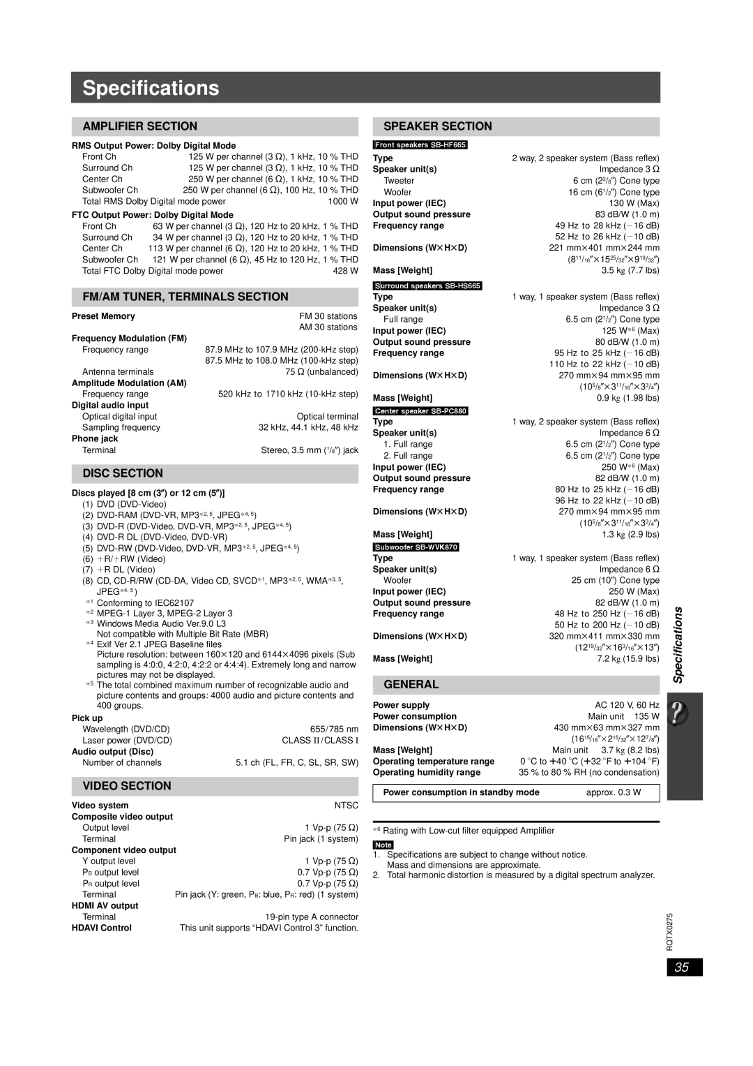 Panasonic SC-PT665 manual Specifications 