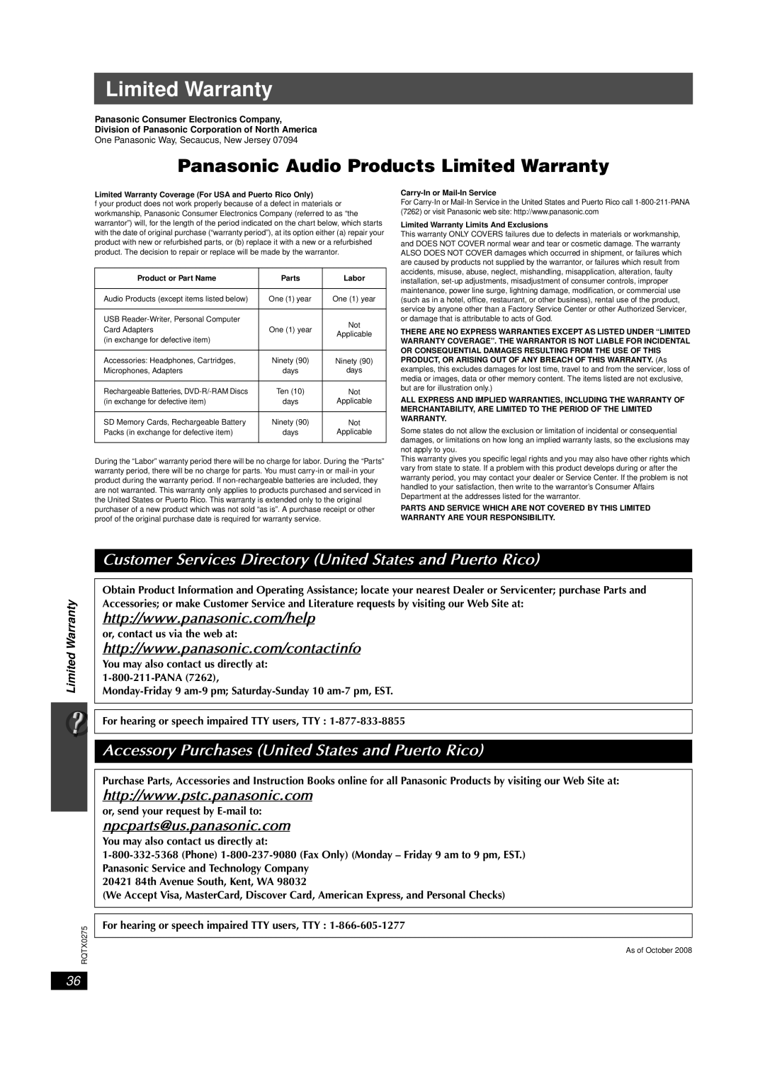 Panasonic SC-PT665 manual Limited Warranty, Npcparts@us.panasonic.com 