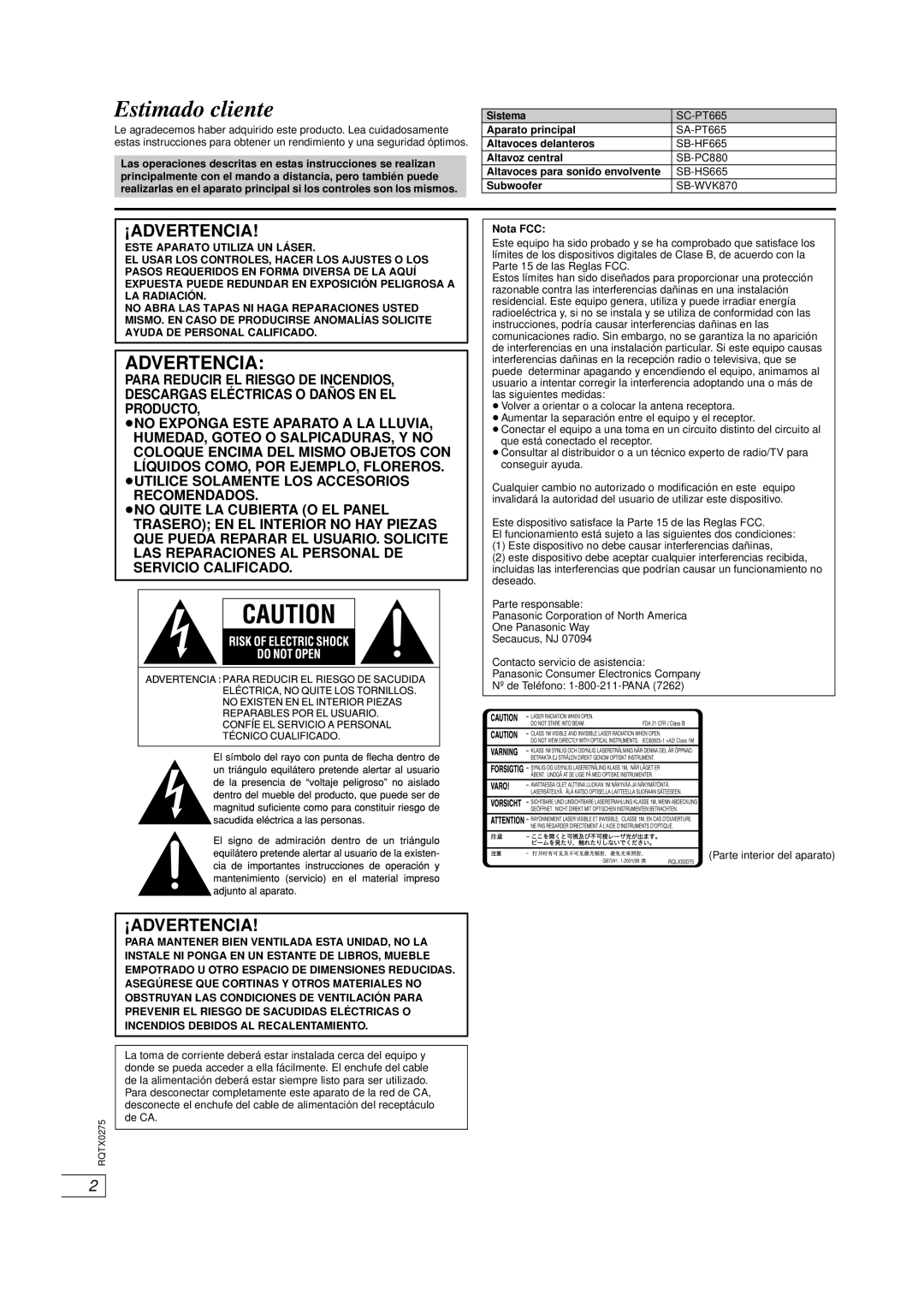 Panasonic SC-PT665 manual Estimado cliente, Nota FCC 