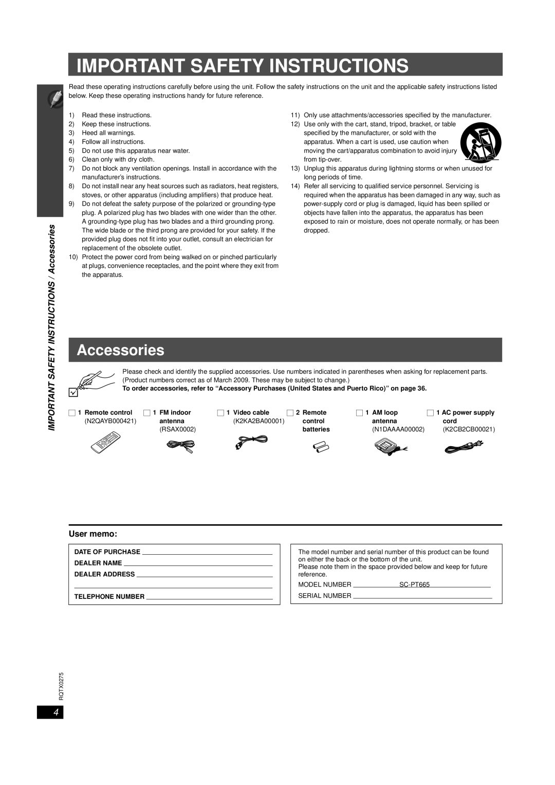 Panasonic SC-PT665 manual Instructions / Accessories, User memo, Model Number, Serial Number 