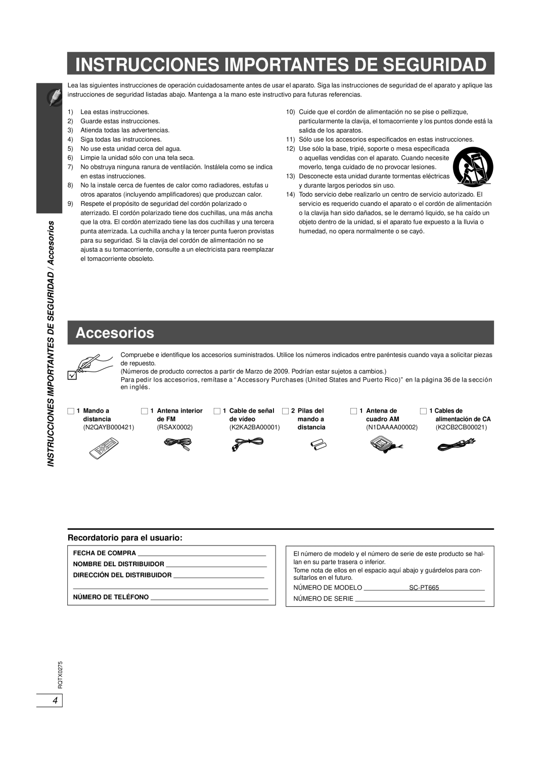 Panasonic SC-PT665 manual Seguridad / Accesorios, Recordatorio para el usuario, Número DE Modelo, Número DE Serie 