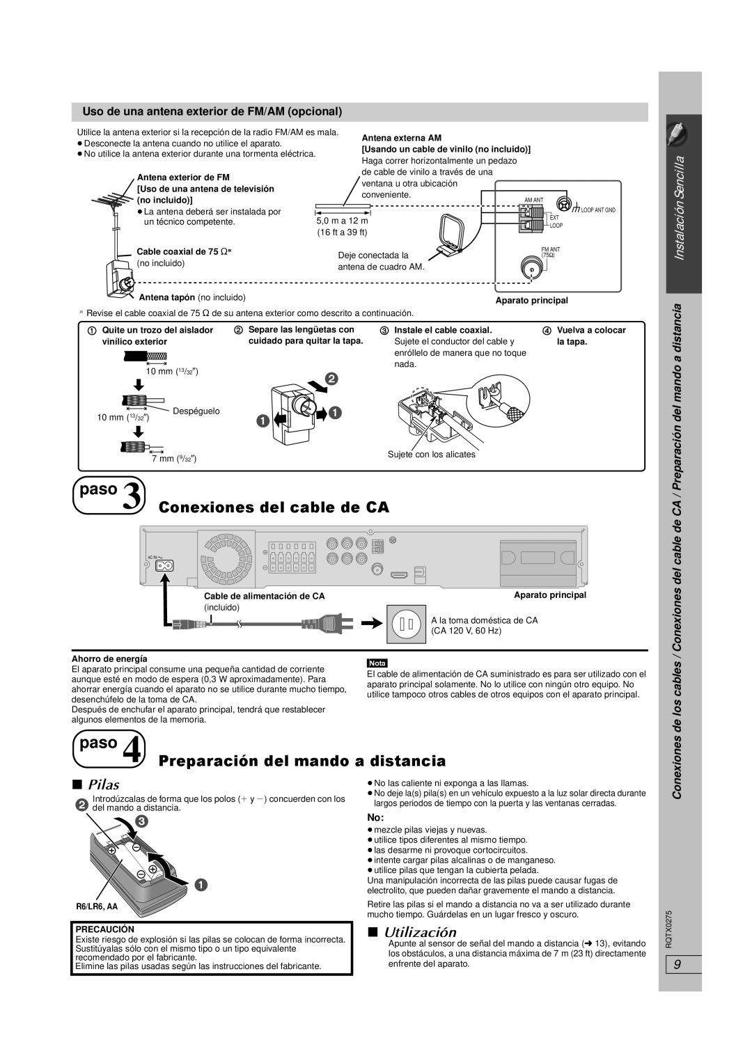 Panasonic SC-PT665 manual Paso 3 Conexiones del cable de CA, Paso 4 Preparación del mando a distancia, Pilas, Utilización 