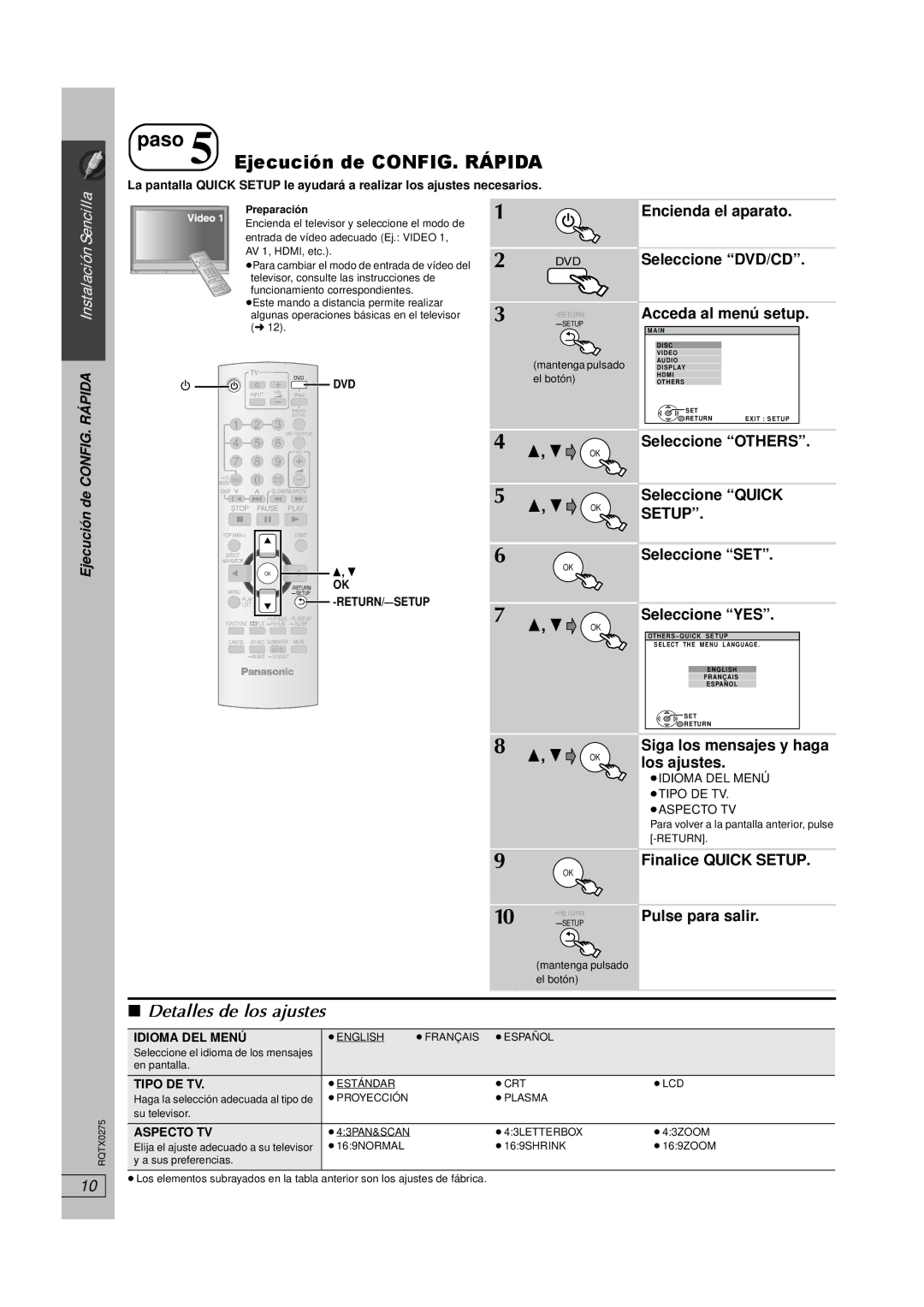 Panasonic SC-PT665 manual Paso 5 Ejecución de CONFIG. Rápida, Detalles de los ajustes 