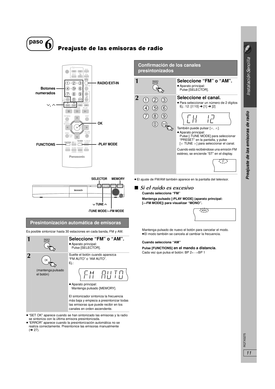 Panasonic SC-PT665 manual Paso 6 Preajuste de las emisoras de radio, Si el ruido es excesivo 