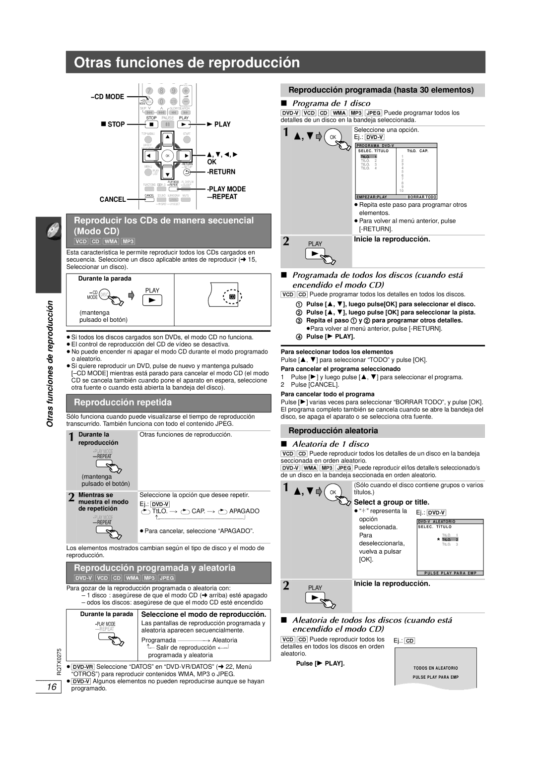 Panasonic SC-PT665 Otras funciones de reproducción, Reproducir los CDs de manera secuencial Modo CD, Reproducción repetida 