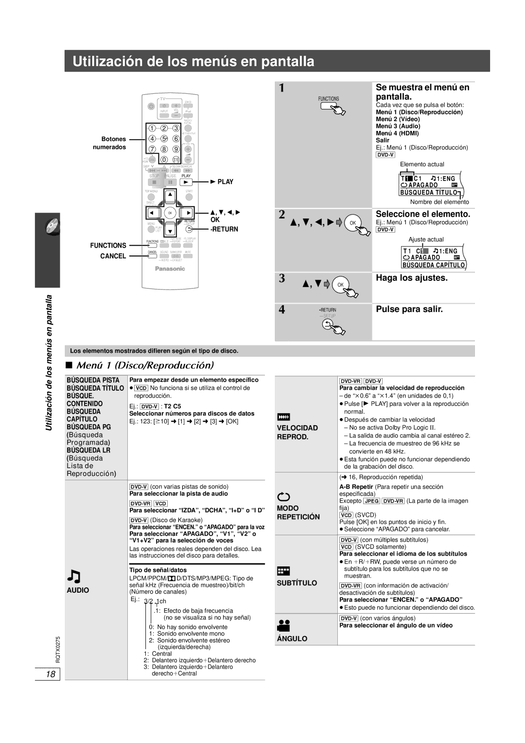 Panasonic SC-PT665 manual Utilización de los menús en pantalla, Menú 1 Disco/Reproducción, Se muestra el menú en pantalla 